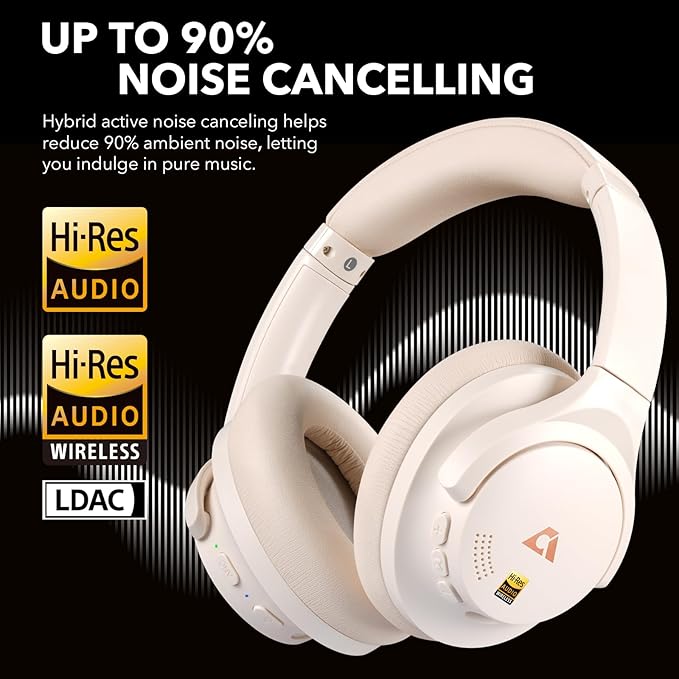 1Mii Y8+ Hybrid Active Noise Cancelling Headphones, 100H Playtime, Bluetooth 6.0 Over Ear LDAC Wireless Hi-Res Audio & Deep Bass, Comfortable for Travel Airplane Home Office, Custom EQ via App, Beige