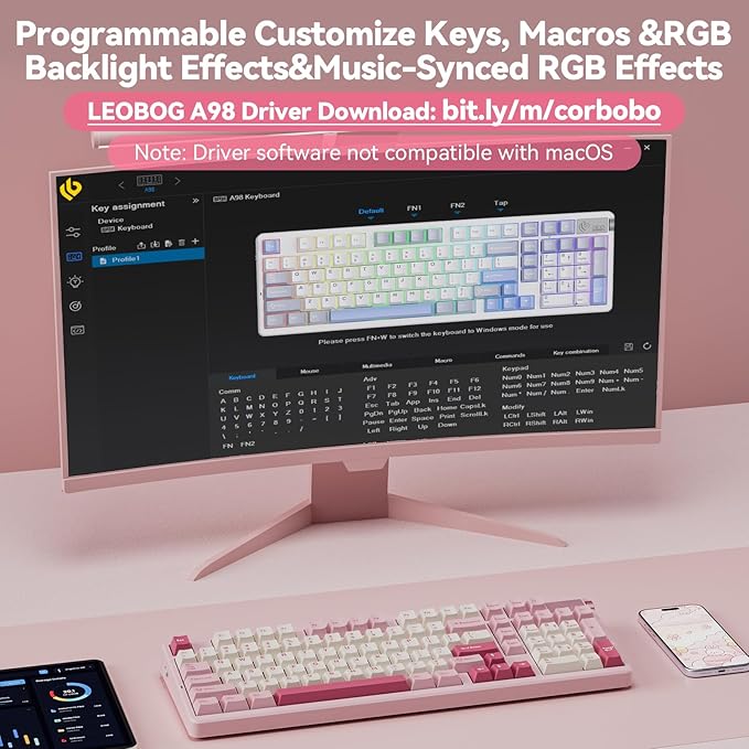 LEOBOG A98 Wireless Mechanical Keyboard, Tri-Mode BT5.0/2.4GHz/USB-C, Creamy Keyboard with Number Pad, Gasket Structure Hot Swappable, PBT Keycaps, RGB Backlit Pink Gaming Keyboard with Knob for PC
