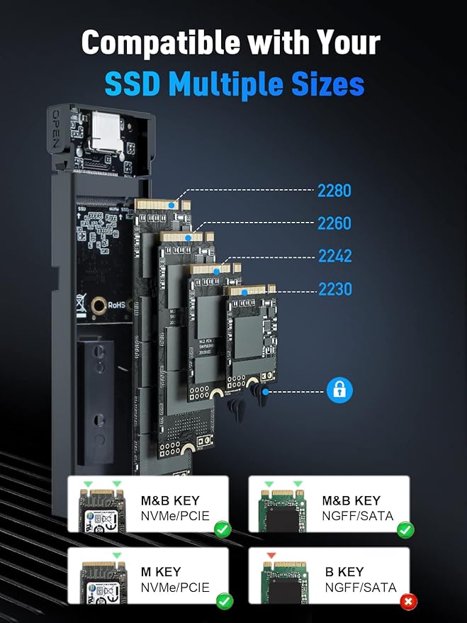 M.2 NVME SATA SSD Enclosure Adapter ,V VCOM USB 3.2 Gen 2 10Gbps NVMe PCI-E 6Gbps SATA M-Key / B+M Key Solid State Drive External Adapter with UASP Trim, for SSDs 2242 2260 2280