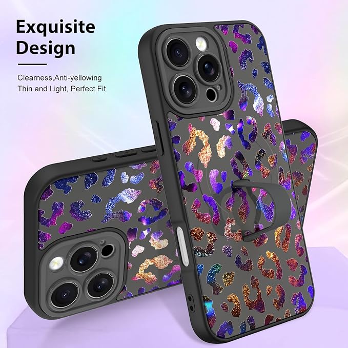 KANGHAR Compatible with iPhone 16 Pro Max Case, Support for MagSafe, Silicone Cute Iridescent Leopard Cheetah Pattern, Wristband Kickstand Shockproof Protective Slim Cover for Women Girls, Black
