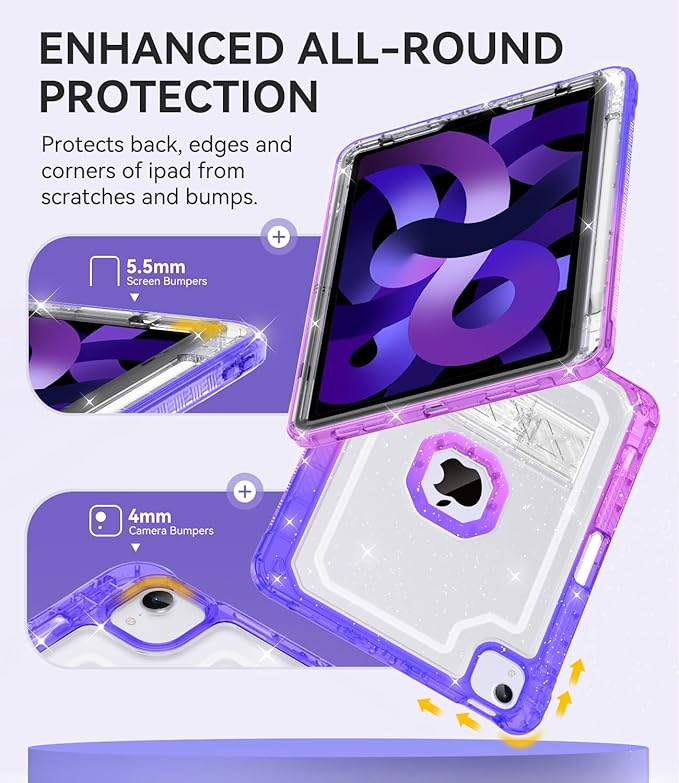 ZoneFoker Case for iPad Air 5th/4th Generation Case (2022/2020) 10.9'', for iPad Pro 11 Inch (4th/3rd/2nd/1st Gen), Hard Slim Cover for iPad Air 5 4 th with Pencil Holder/Stand, Purple to Blue Glitter