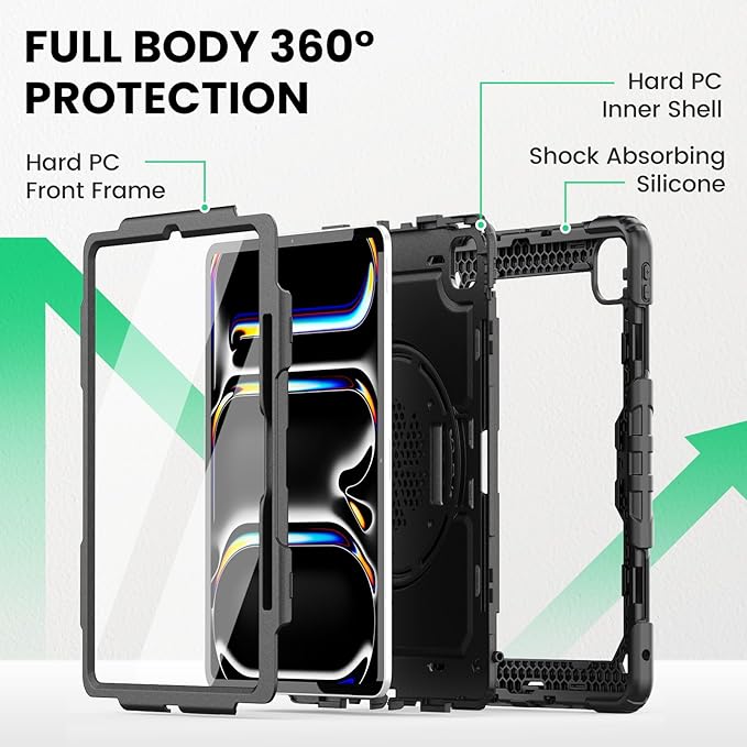 SEYMAC Case for iPad Pro 13 Inch M5 2025 / M4 2024, Heavy Duty Shockproof Protective Case with Screen Protector, 360° Rotating Stand, Hand/Shoulder Strap and Pen Holder, Black