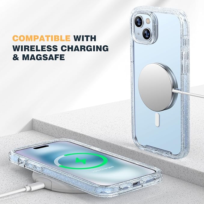 Diaclara Designed for iPhone 15 Plus Case 6.7'', [Compatible with MagSafe] Full Body Rugged Magnetic Case w/Built-in Sensitive Anti-Scratch Screen Protector+Glass Camera Lens Protector,Clear Glitter