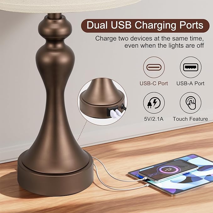 Seealle Touch Lamps for Nightstand - Bedside Lamps Set of 2, 3 Way Dimmable, USB C+A for Bedroom & End Tables (Brown&Oat)