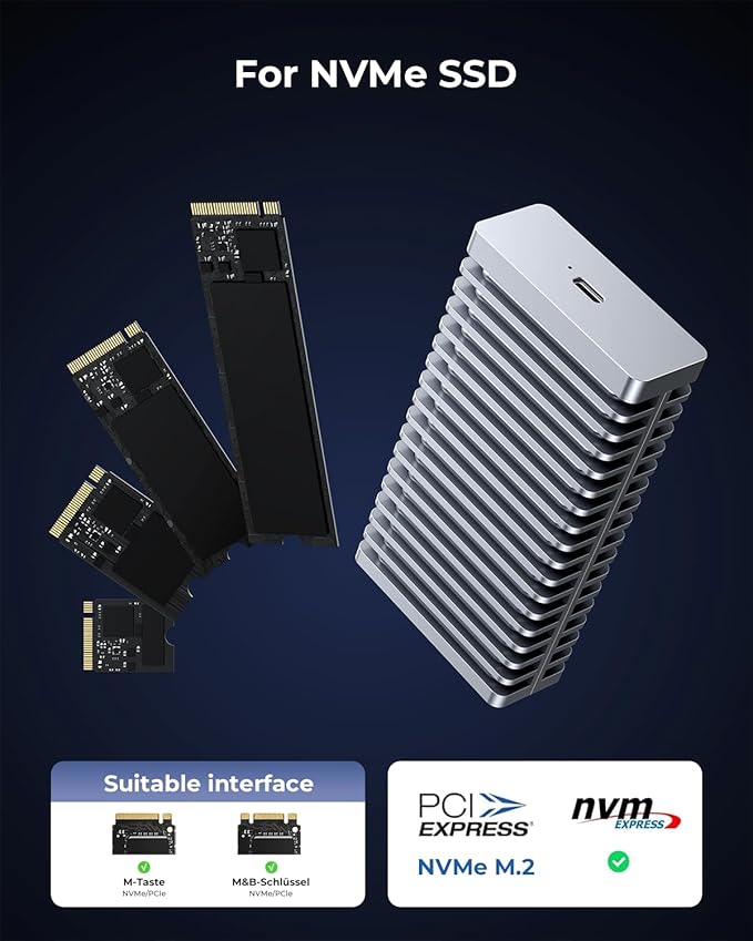 RayCue 40Gbps M.2 NVMe Enclosure with Aluminum Double-Sided Fin Heat Dissipation, External SSD Case for Mac, Windows, Compatible with USB 4/3.2/2.0 (SSD Not Included)