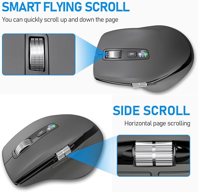 INFINMIND Wireless Side Scroll Mouse with Multi-Device, Ergonomic Computer Mice with Smart Flying Scroll, Quiet Click, 4-Level DPI for Computer, Laptop, iPad, Tablet, MacBook (Grey)