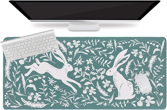 L-SPOUTTO Green Floral Desk Mat for Keyboard and Mouse,Boho XXL Gaming Mouse Pad,Large 35.4x15.7in Non-Slip Rubber Base Keyboard Pad Waterproof Desktop Mat for Laptop Computer Work Home Office-Rabbits