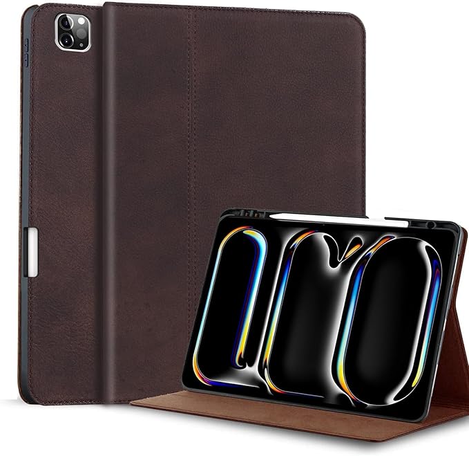 Gexmil Genuine Leather Case for iPad Pro 13 Inch (M5/M4) 2025/2024 with Pencil Holder,Protective Shockproof Smart Premium Leather Folio Cover Adjustable Stand Auto Sleep/Wake Anti-Slip, Sanded Brown