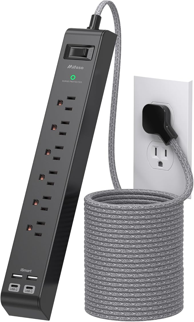 Surge Protector Power Strip 25FT, 10-in-1 with 6 AC Outlets 4 USB Ports(2 USB-C), Ultra Flat Plug Braided Extension Cord, Wall Mountable, 1080J Surge Protection, ETL Listed, Black