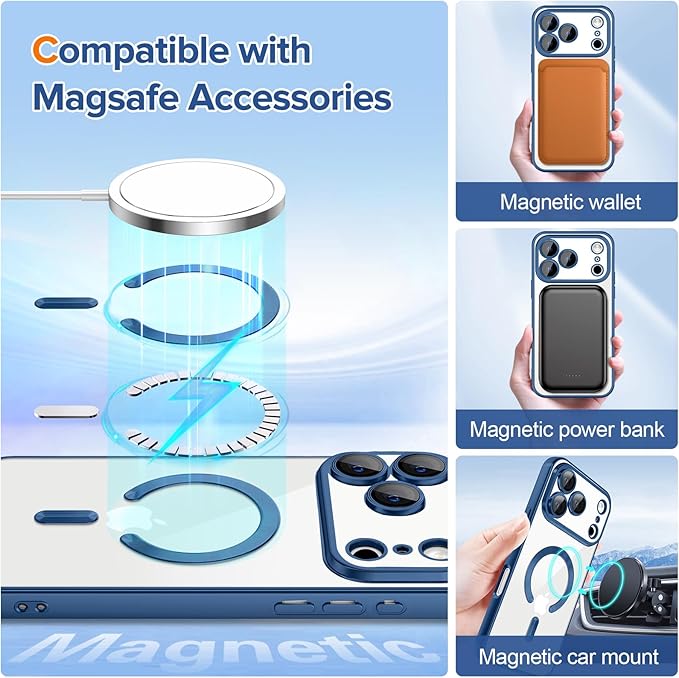 Hython Magnetic Clear for iPhone 17 Pro Case with Camera Lens Protector [Compatible with MagSafe] Luxury Plating Edge Slim Soft TPU Cover Protective Phone Case for iPhone 17 Pro 6.3", Matte Deep Blue