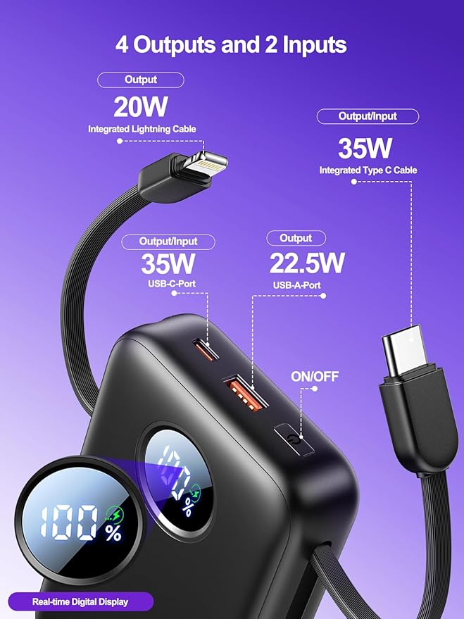 Aioneus Portable Charger, 35W PD Fast Charging Power Bank 20000mAh, Battery Pack with Built in Lightning & USB-C Cables, Powerbank for iPhone 17 16 15 14 iPad Samsung Android Tablet MacBook