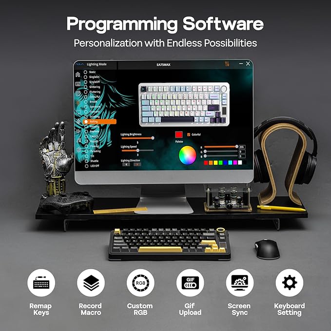EPOMAKER X Aula EA75 MAX Wireless Gaming Keyboard with Screen & Knob, 5000mAh, Hot-Swap, Lubed Switches, RGB Backlit, Creamy Gasket, 75% Mechanical Keyboard (Black, Reaper Switch)