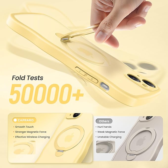 CAPRARO for iPhone 15 Plus Case with 360° Spin Magnetic Stand for Women, [Compatible with MagSafe] [Full Camera Protection] Cute Wave Translucent Matte Case for iPhone 15 Plus, Jasmine Yellow