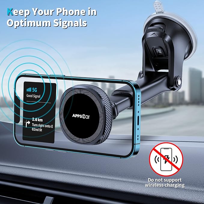 APPS2Car for MagSafe Car Mount, Magnetic Phone Holder for Car Dashboard Windshield, Suction Cup Holder with Telescopic Arm, Magnetic Cell Phone Mount for iPhone MagSafe Case, Charging Not Supported
