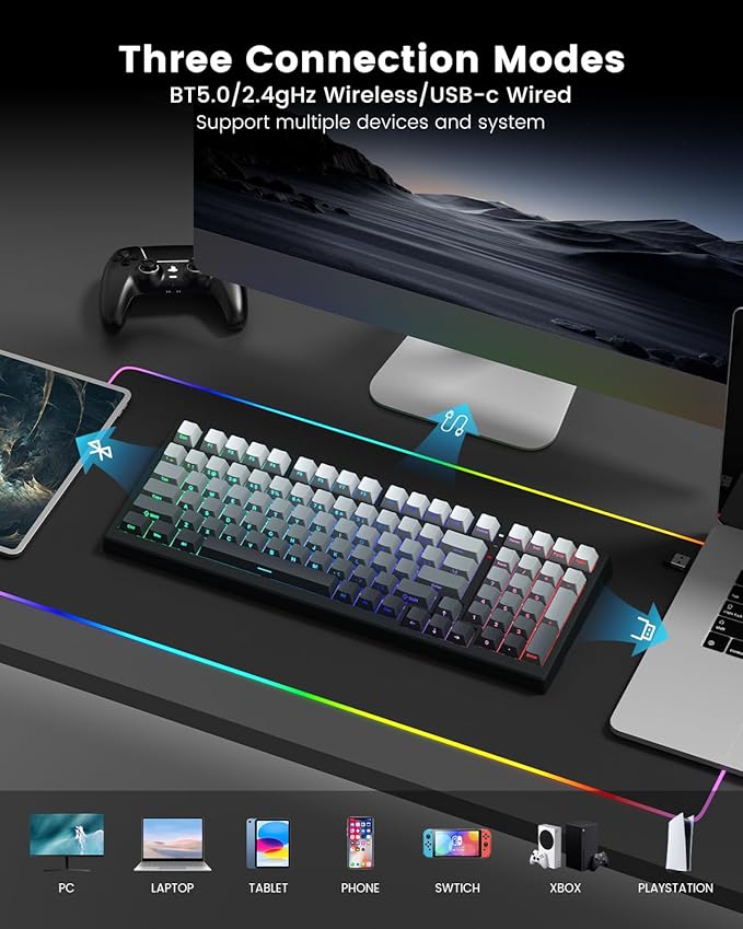 X98 Wireless Mechanical Keyboard, RGB Backlit Custom Gaming Keyboard with Number Pad, BT5.0/2.4GHz/USB-C, Gasket Structure, Hot Swappable Pre-lubed Linear Switch, Side Printed PBT Keycaps
