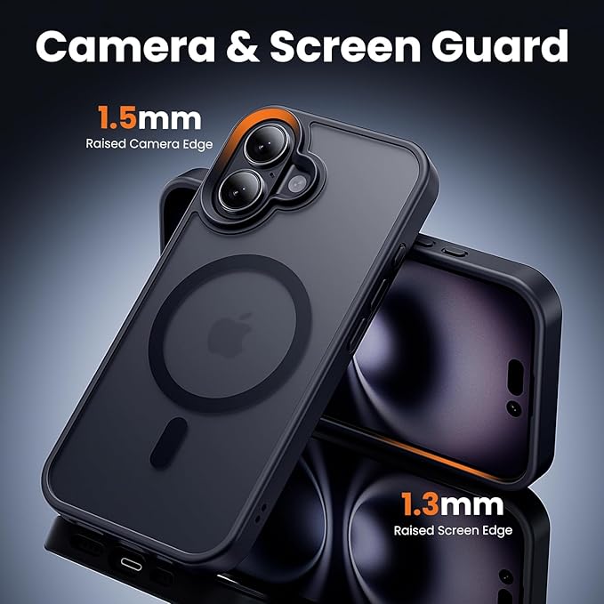 toushion 3 in 1 for iPhone 16 Plus Case Clear Matte Black | with MagSafe,Screen Protector *1 & Camera Lens Protector*1, Skin Feeling Back Cover Military-Grade Protection