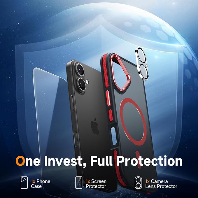 Magnetic 3 in 1 for iPhone 17 Case, [Omni-Directional Protection] with 1x Screen Protector + 1x Camera Cover, [Seamless Work with Magsafe] Translucent Protective Silm Phone Case for iPhone 17 Red