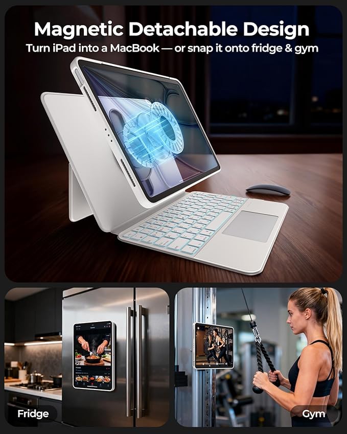 Keyboard Case for iPad Air 13" (M3/M2 2025/2024) & iPad Pro 12.9" (6/5/4/3 Gen) 2018 2020 2021 2022, Clear Magnetic Rotatable & Liftable, 7-Color Backlit, Native Gesture Trackpad w/Stand,White