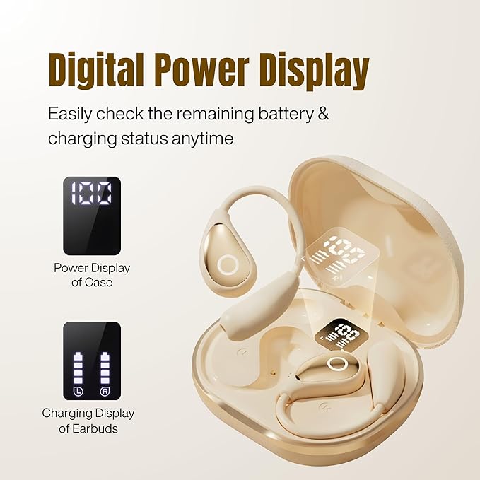 Wireless Earbuds with Ear Hooks, Over Ear Bluetooth Earbuds, Secure Fit, 60H Playtime, LED Display, IPX5 Waterproof (Beige)