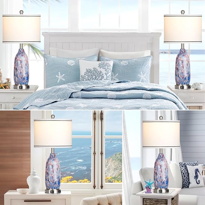 Rinweey 26" Coastal Glass Table Lamps Set of 2,Nautical lamp with USB A+C Ports & AC Outlet,Bule Bedside Lamps with 3-Way Dimmable Touch Control Night Light for Bedroom Living Room(Bulbs Included)