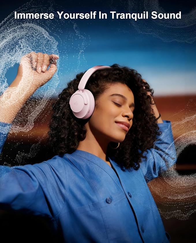 Hybrid Active Noise Cancelling Headphones, Over-Ear Bluetooth Headphone with Hi-Res Audio, 60H Playtime, Deep Bass, Transparency Mode, Foldable Comfort Ear Cups, Ideal gift for Travel Office - Pink