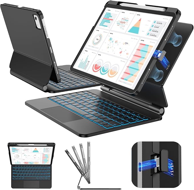 SIBEITU Keyboard Case for iPad Air 11 Inch M4/M3/M2 (2026/2025/2024) & iPad Pro 11” 2018-2022/Air 5th/4th Gen, Detachable Case with Contact Connector, Easy-Set Magnetic Stand, Backlit Keyboard, Black