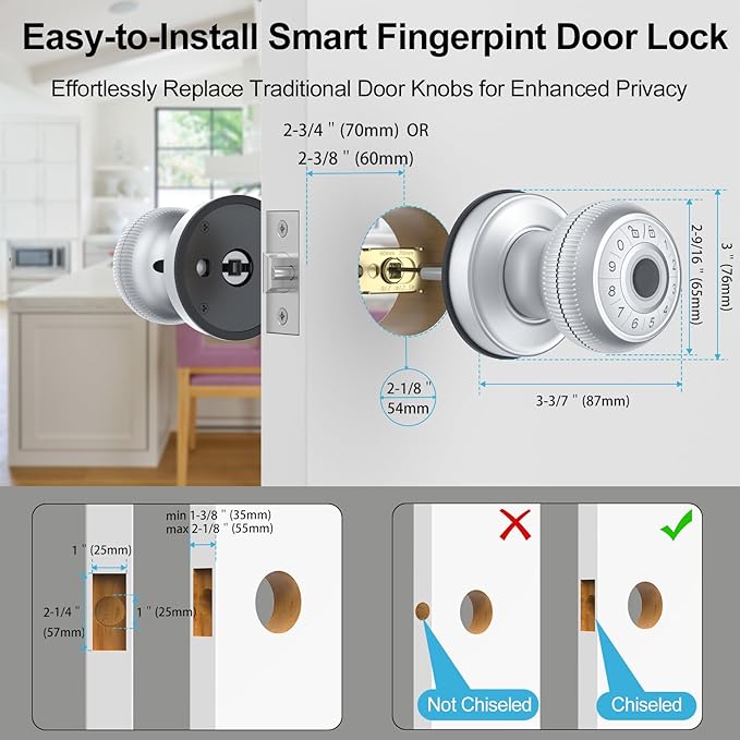 BIWIBON 4-in-1 Smart Door Knob, Fingerprint Door Knob with App Control, Smart Fingerprint Door Lock with Keypad, Real Privacy Mode, Auto Lock, Ideal for Home, Bedroom, Garages &Office, Silver,1 Pack