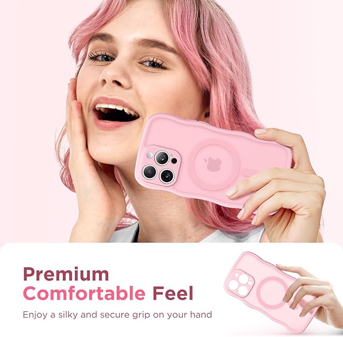 CAPRARO Cute for iPhone 15 Pro Max Case, Compatible with MagSafe, [Curly Wave Edge] [Full Camera Protection] [14 FT Drop Protection] Magnetic Phone Case for 15 Pro Max 6.7 Inch, Peach Pink