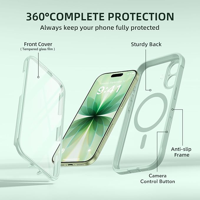 BERFY for iPhone 17 Case, Compatible with MagSafe, Built-in Glass Screen Protector, Camera Protection, Shockproof Full Body Phone case 6.3", Clear Green
