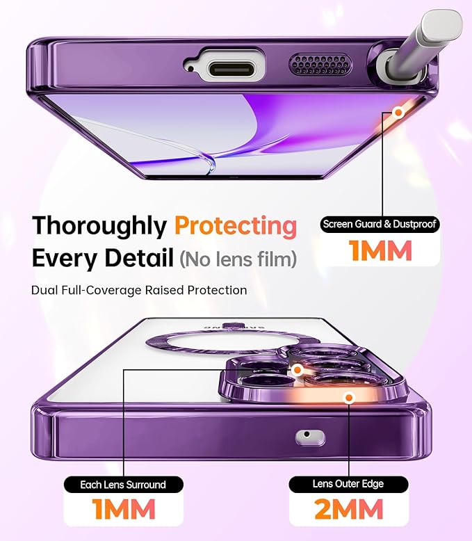 Meifigno Magnetic Case with Removable Phone Ring Stand for Samsung Galaxy S25 Ultra, [Glitter Card & Wrist Strap] [MagSafe Compatible] [Built in Mirror] Phone Ring Stand + Phone Case Kit, Purple
