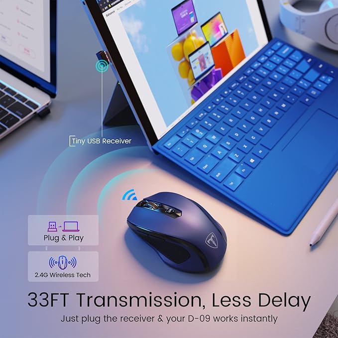 HOTWEEMS Wireless Mouse, D-09 Computer Mouse USB Cordless Mice for Laptop, Ergo Grips, Lightspeed 5-Level 2400 DPI, 16 Months Battery, Portable for PC Mac Chromebook (Sapphire Blue, 1 Pack)