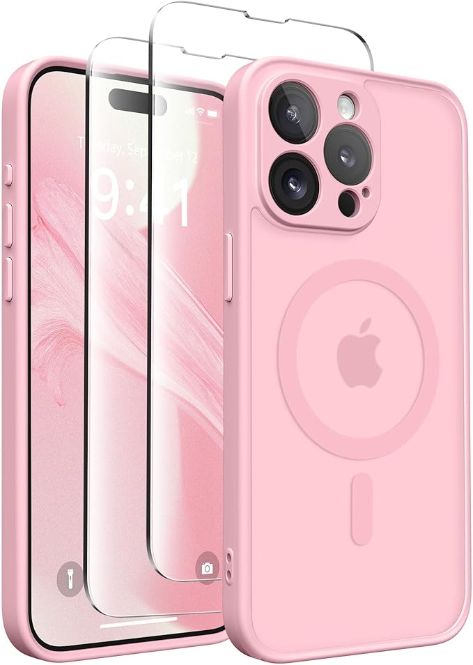 CAPRARO Magnetic for iPhone 15 Pro Case, [Compatible with MagSafe] [Full Camera Protection] Shockproof Protective Slim Translucent Matte Phone Case for iPhone 15 Pro 6.1'', Peach Pink