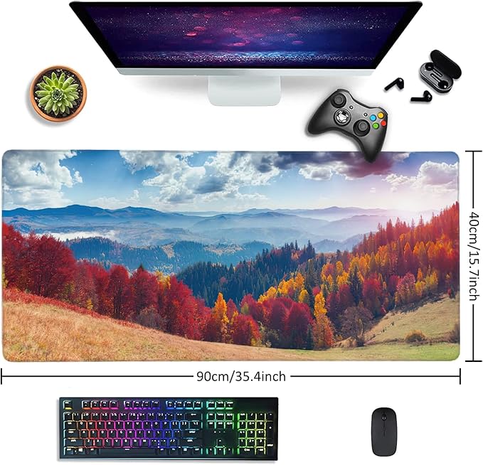Colorful Autumn Landscape in Mountain Village Gaming Mouse Pad XXL Large Desk Mouse Pad Keyboard Mat with Stitched Edges Waterproof Non-Slip Desk Mat for Laptop,Keyboard,Computer 35.4 * 15.7 Inch