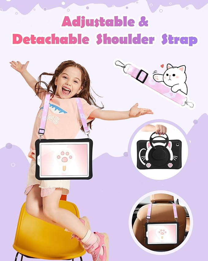 Wazzasoft for Samsung Galaxy Tab A7 Lite 8.7” Case Girls Cute Black Cat Cover Kawaii Girly Women Kitten with Rotating Handle Stand & Strap Soft Silicone Funda for Galaxy A7 Lite Table Cases 2021