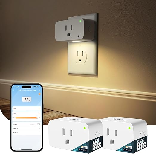Linkind Matter Smart Plug 2 Pack, Night Lights Plug into Wall, Work with Alexa, Apple Home, Google, Timer Outlet 15A/1800W, ETL Certified, 2.4G WiFi, Dusk to Dawn 2700K, for Hallway, Bathroom, Kids