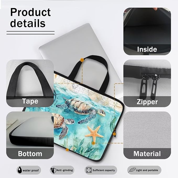 10 Inch Turtle Starfish Laptop Sleeve, Mens Womens Laptop Cover Computer Bag Tablet Carrying Case with Handle, Tote Bags Notebook Case Messenger Briefcase for Work Travel College