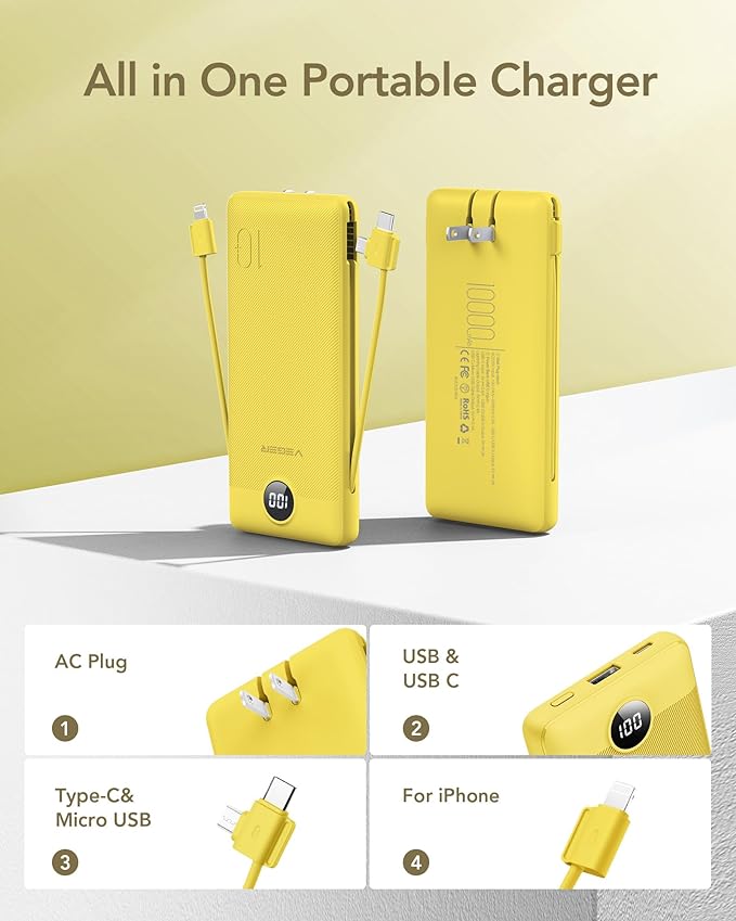 VEGER Portable Charger with Built-in AC Plug and Cables, All in One 10000mAh Ultra Slim Power Bank Travel Essentials, Fast Charging Battery Pack Compatible with iPhone, Samsung, Android (Yellow)
