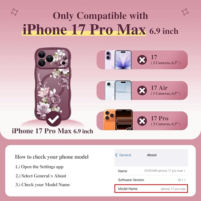 GVIEWIN for iPhone 17 Pro Max Case Compatible with MagSafe [Curly Wave Edge][Full Camera Protection] Floral Translucent Shockproof Magnetic Women Phone Case for 17 Pro Max, Cherry Blossoms/Burgundy