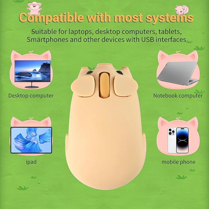 elec Space Cute Pig Design Wireless Mouse Dual Mode Bluetooth & USB Mouse, Silent Operation, Ergonomic, Perfect for Laptops & PCs, Ideal Gift for Animal Lovers and Family(Yellow)