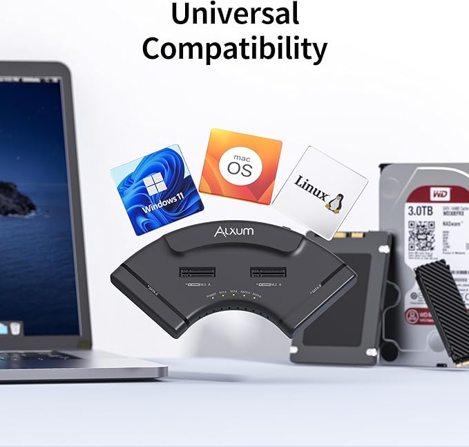 Alxum Dual M.2 NVMe & Dual SATA 4-Bay SSD Enclosure Reader, USB-C 10Gbps External Hard Drive Adapter Docking Station, PCIe 3.0 NVMe/SATA to USB Tool-Free for PC/Mac/Linux/Android