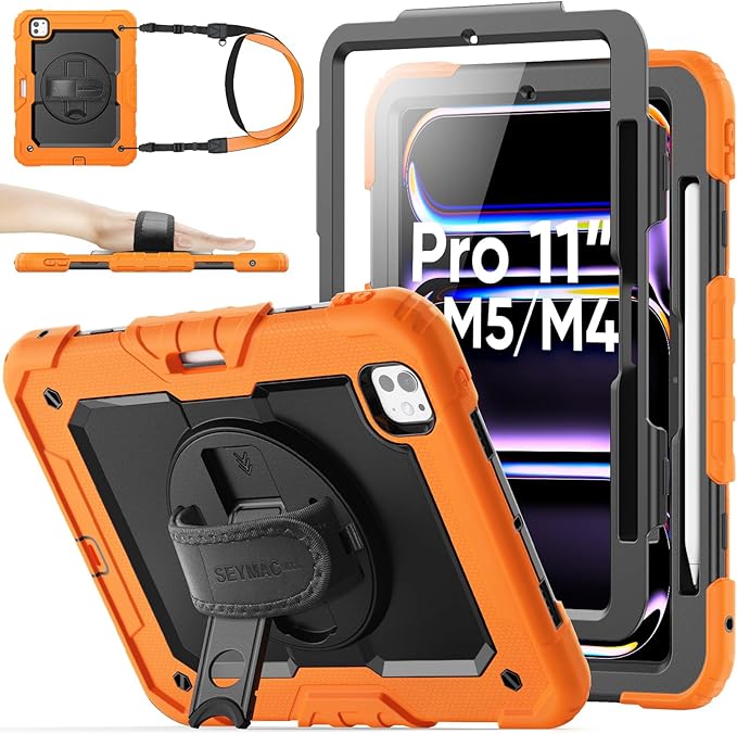 SEYMAC stock Case for iPad Pro 11-inch M5-M4 2025-2024, Shockproof Heavy Duty Case with Screen Protector, Pencil Holder, Rotating Stand, Hand Strap, Shoulder Strap, Orange