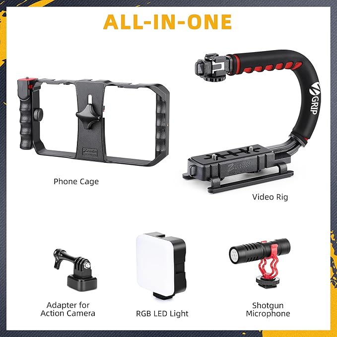 Zeadio Smartphone Camera Stabilizer, All-in-One Video Rig Kit with Phone Cage, RGB Video Light, Microphone, Action Camera Adapter, Compatible with Smartphones, Action Camera, DSLR, Cameras etc