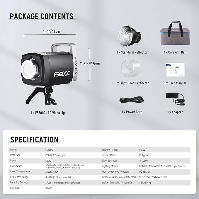 NEEWER Pro 600W RGB LED Video Light APP/2.4G/DMX Control, 2500-7500K 52500lx/1m COB Continuous Output Lighting, CRI95+/TLCI97+ Spotlight with Bag for Studio Photography Recording Streaming, FS600C