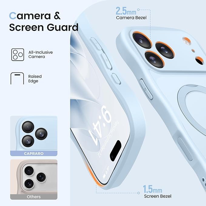 CAPRARO for iPhone 17 Pro Case with 360° Spin Magnetic Stand for Women, [Compatible with MagSafe] [Full Camera Protection] Cute Wave Translucent Matte Case for iPhone 17 Pro, Light Blue