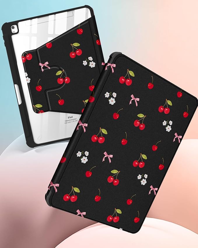 Uppuppy for iPad 9th/8th/7th Generation Case for iPad Air 3rd/ Pro 10.5” Case - 360 Rotating Stand Folio Smart Cover with Pencil Holder for Women, Cherry Bow Flowers for Apple Tablet 7/8/9 Gen 10.2”
