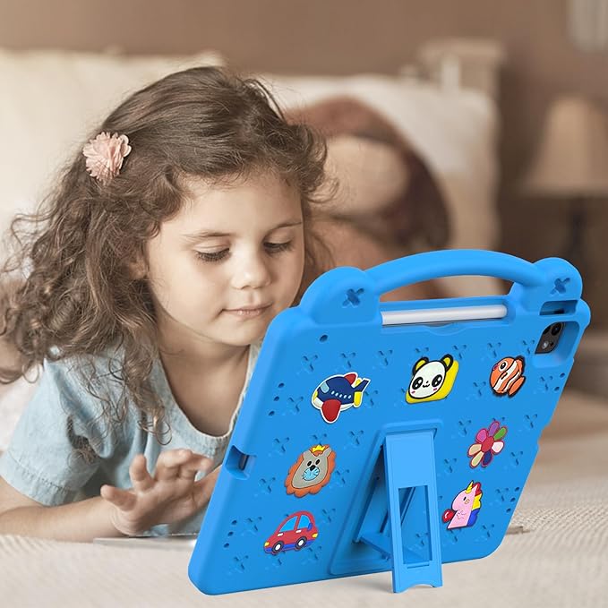 Kids Case for iPad Air 13 inch M3 2025/M2 2024,iPad Pro 13 inch M4 2024 & iPad Pro 12.9 inch Case 6th/5th/4th/3rd Gen 2022 2021 2020 2018 with Stand/Pencil Holder/Handle, Sky Blue Bear