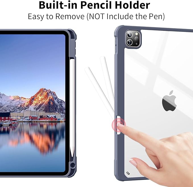 Case for iPad Pro 12.9 Inch (6th/5th/4th/3rd Generation 2022/2021/2020/2018) with Pencil Holder, Clear Transparent Back Shell Slim Stand Shockproof Tablet Cover, Auto Wake/Sleep, Purple