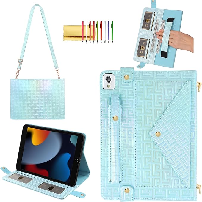 Shiny Case for iPad 9th 8th 7th Gen 10.2"/iPad Air 2019/iPad Pro 10.5, Techcircle Crossbody Iridescent Folio Stand Wallet Case with Pencil Holder+Card Slots+Hand Strap+Shoulder Strap, Shiny Blue