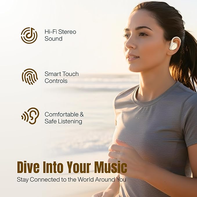 Wireless Earbuds with Ear Hooks, Over Ear Bluetooth Earbuds, Secure Fit, 60H Playtime, LED Display, IPX5 Waterproof (Beige)