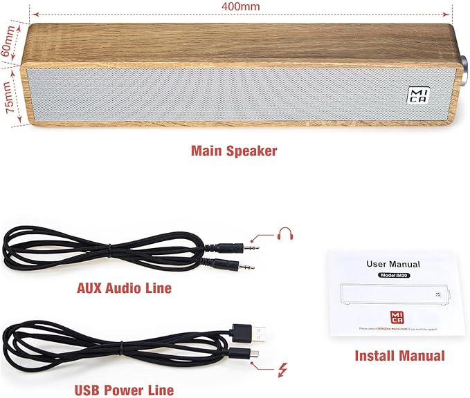 MICA Computer Speakers, Vintage Wired Computer Sound Bar, Retro Wooden Mini Soundbar, USB Powered PC Speakers for Desktop Monitor, Laptop, Tablet, 3.5mm Aux Connection, Angled (Yellow)